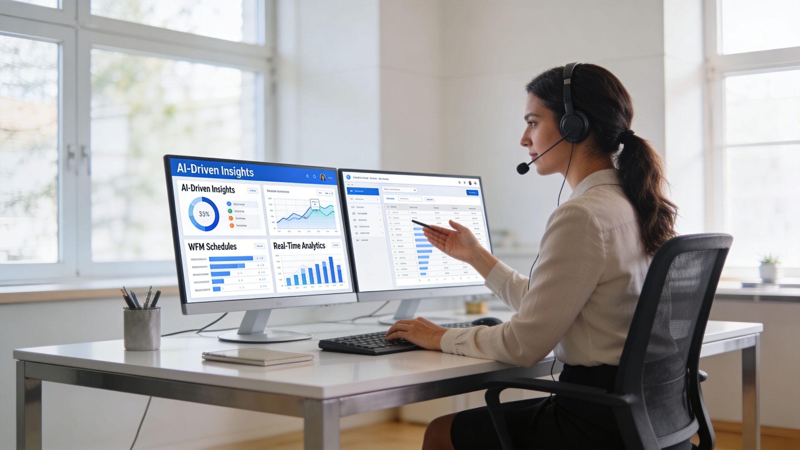 A professional call center agent with a headset reviewing data analytics on dual computer monitors in office.
