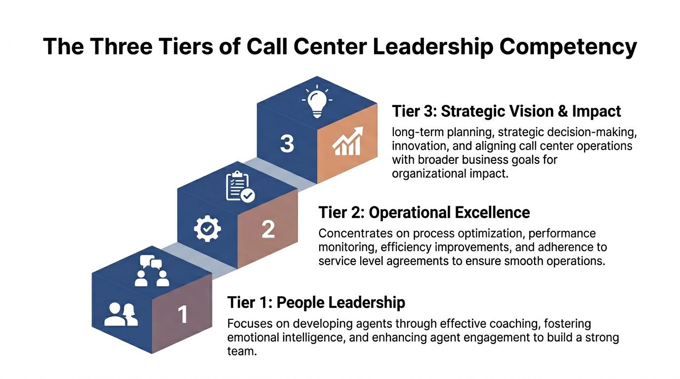 A diagram illustrating the three tiers of call center leadership: People Leadership, Operational Excellence, and Strategic Vision.