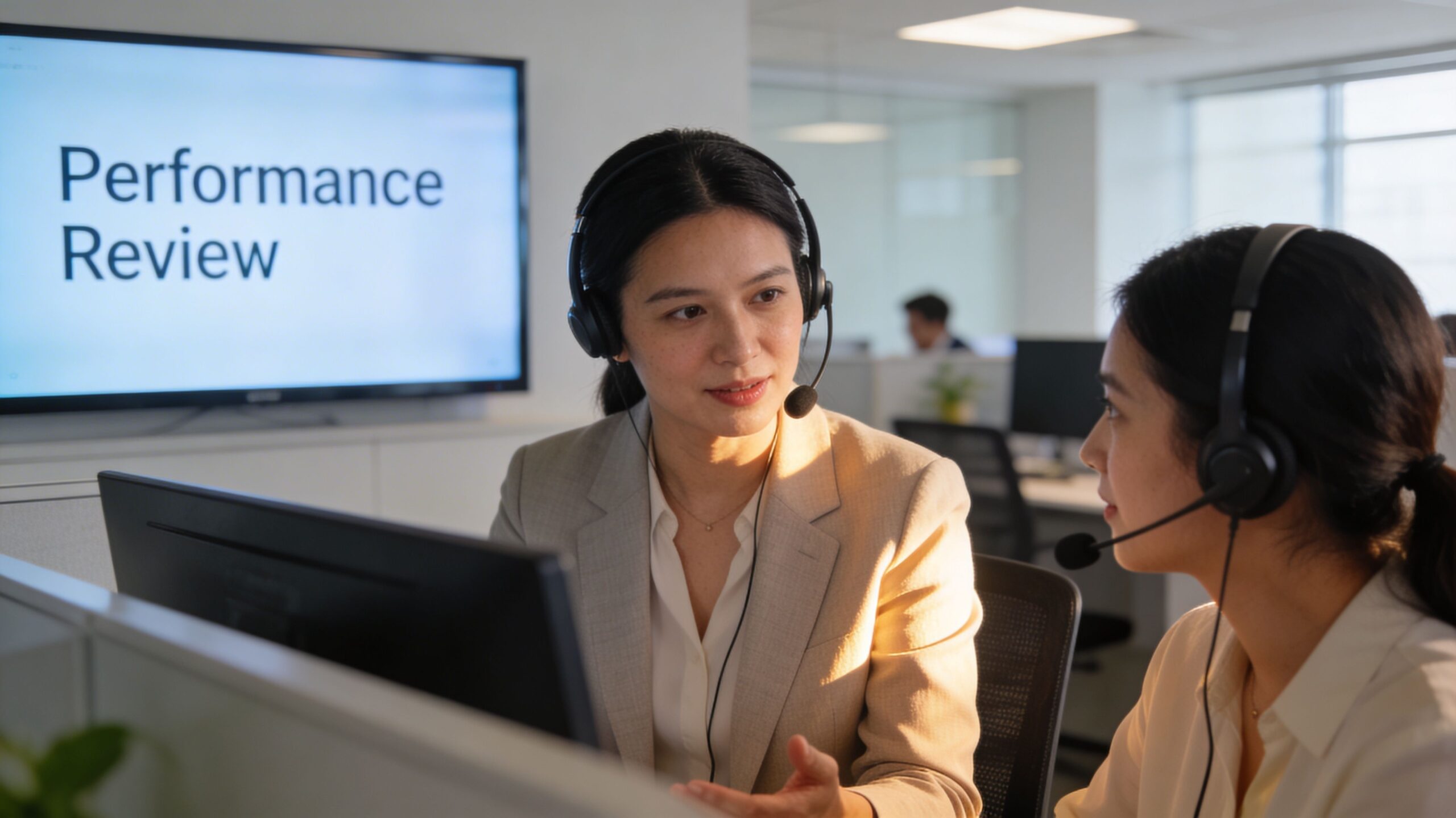 Two professional women wearing headsets engaged in a collaborative performance review discussion in a modern office environment.