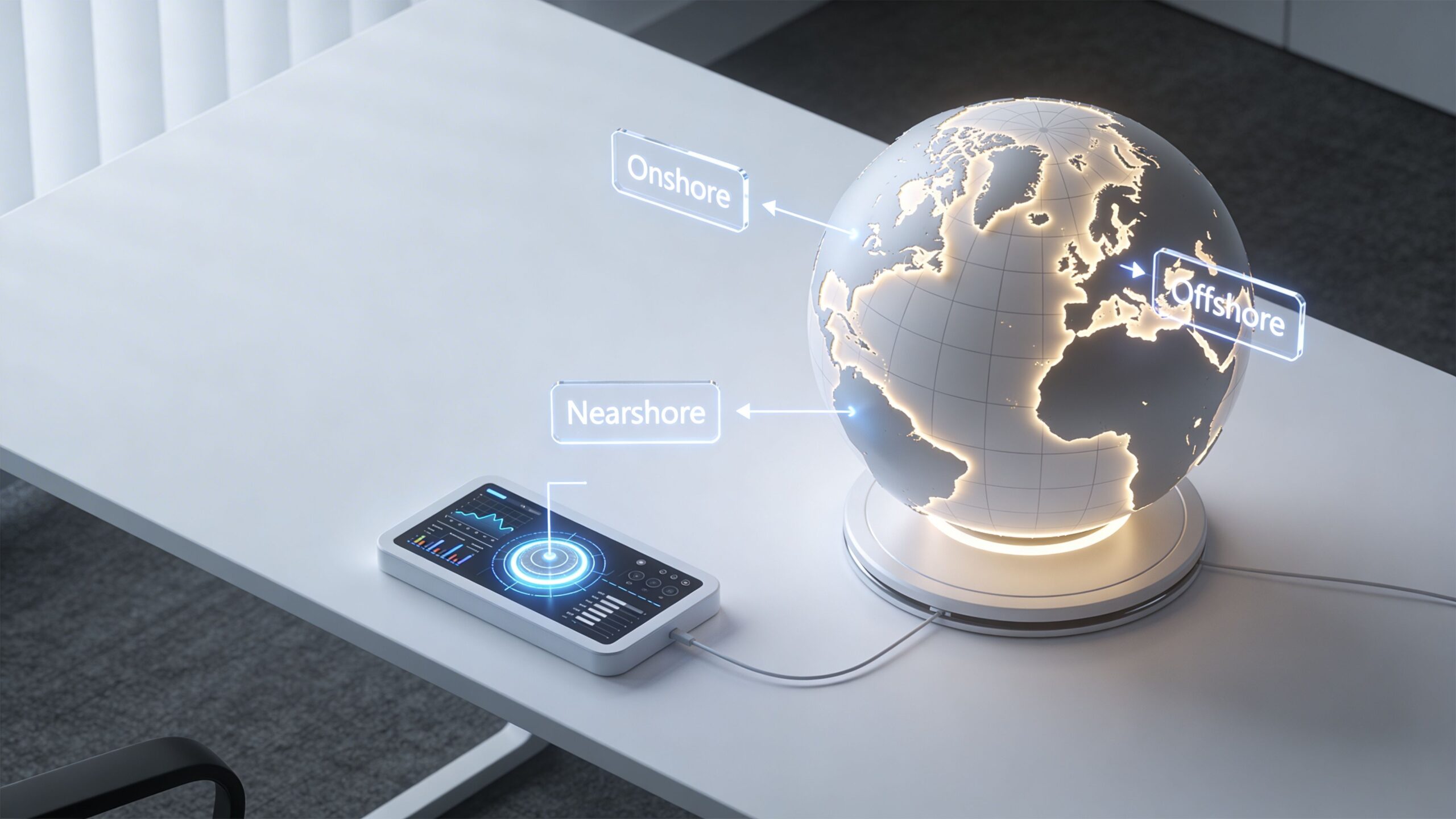 A futuristic globe model with holographic labels pointing to onshore, offshore, and nearshore locations on a desk.