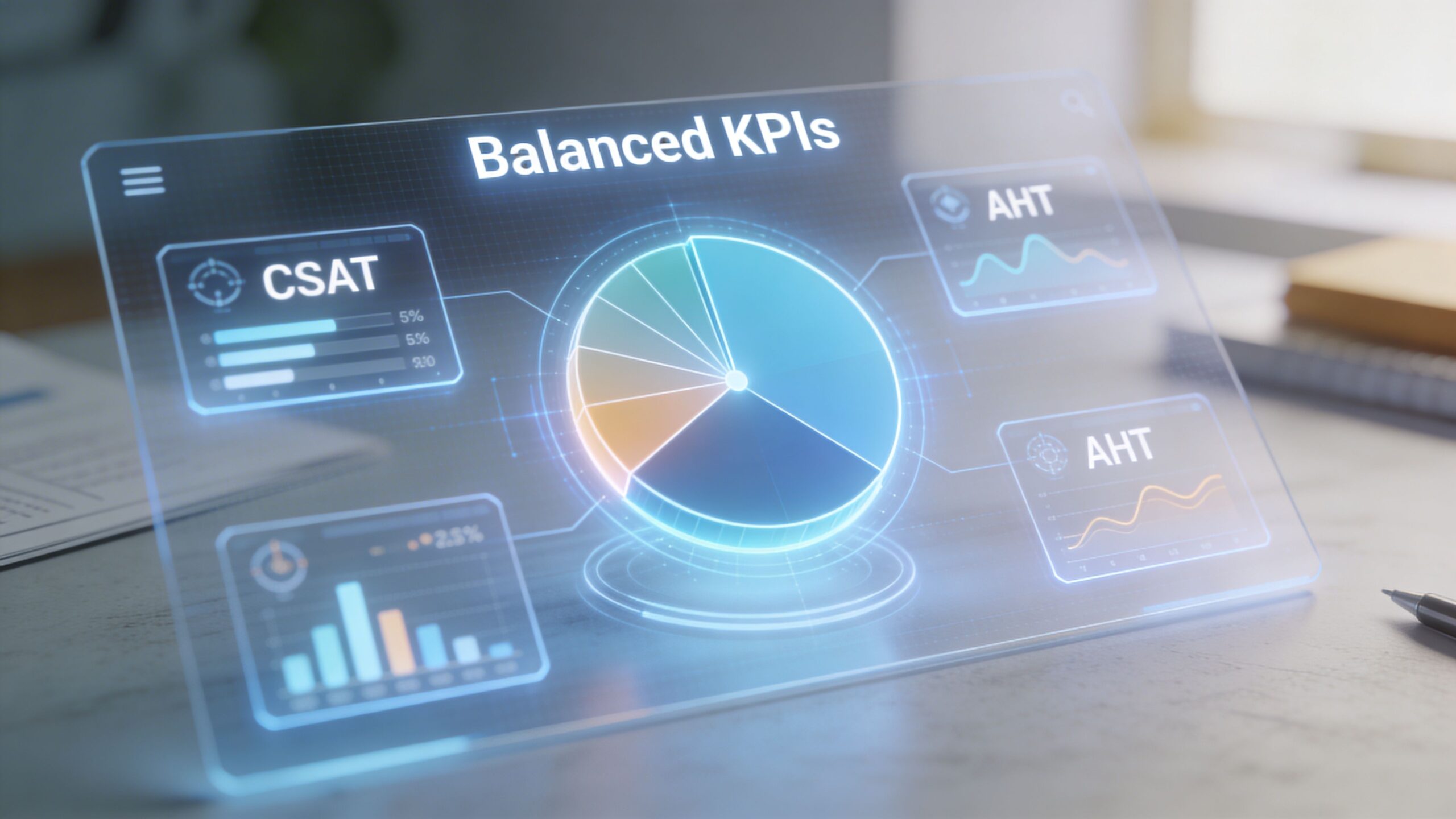 A futuristic transparent digital display showing Balanced KPIs with charts and graphs on a clean desk.