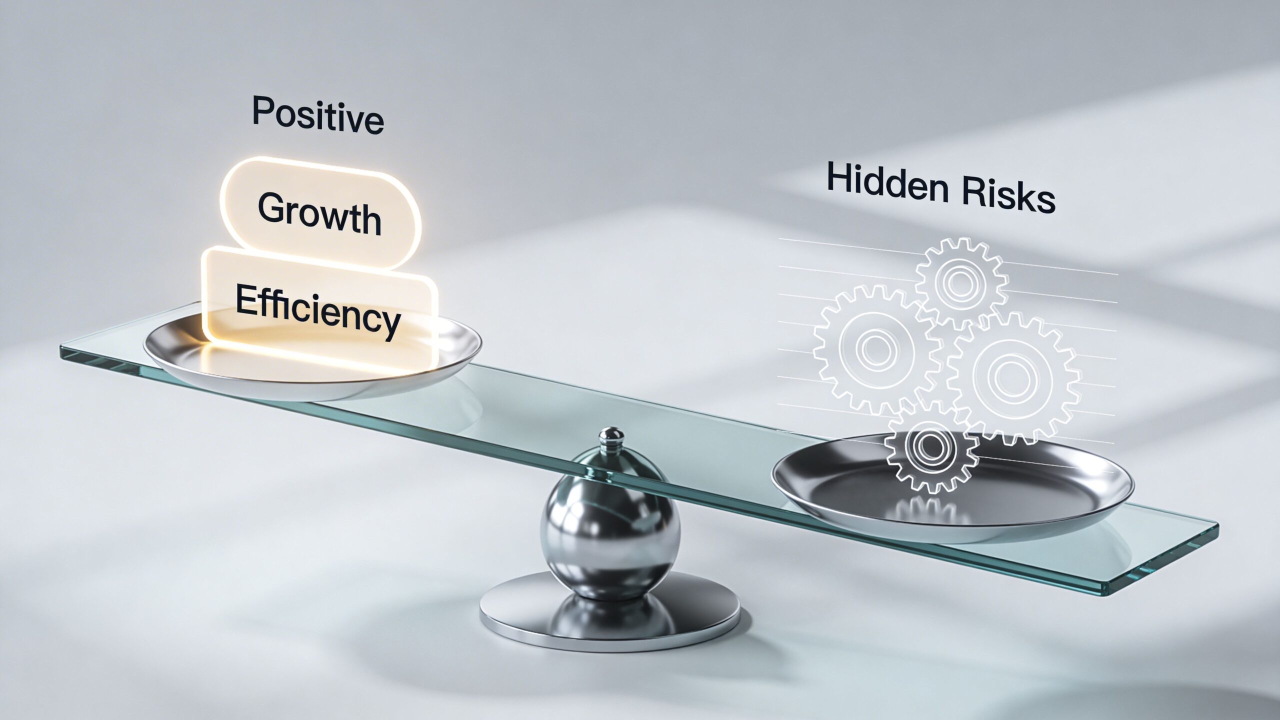 A digital scale balancing glowing business concepts of growth and efficiency against a set of hidden risks.