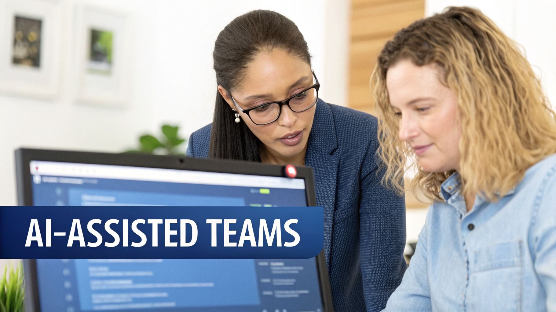 Two professional women collaborating on a laptop, illustrating AI-assisted teamwork in an office setting.