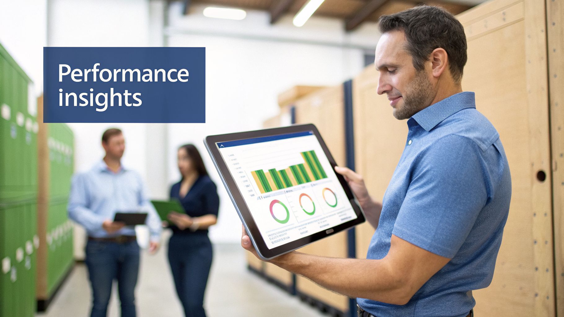 Man in a warehouse reviews performance insights on a digital tablet, with colleagues in the background.