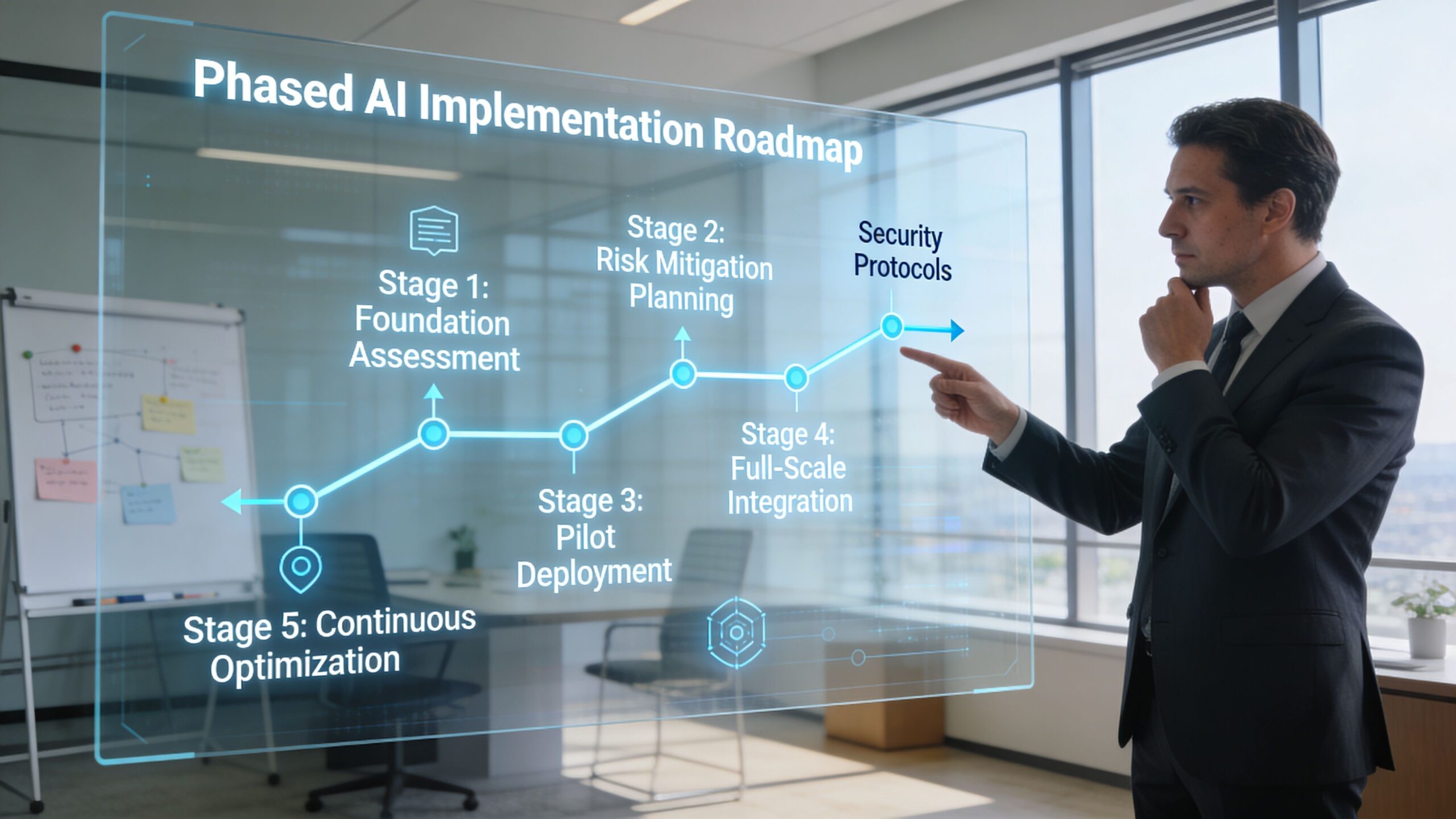 A professional man in a suit interacting with a digital display showing a phased AI implementation roadmap.