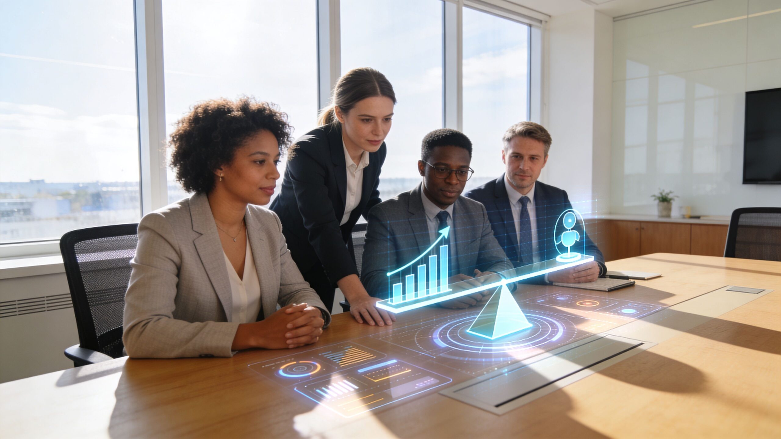 A professional team in a boardroom analyzing digital business growth and AI analytics on a holographic display.