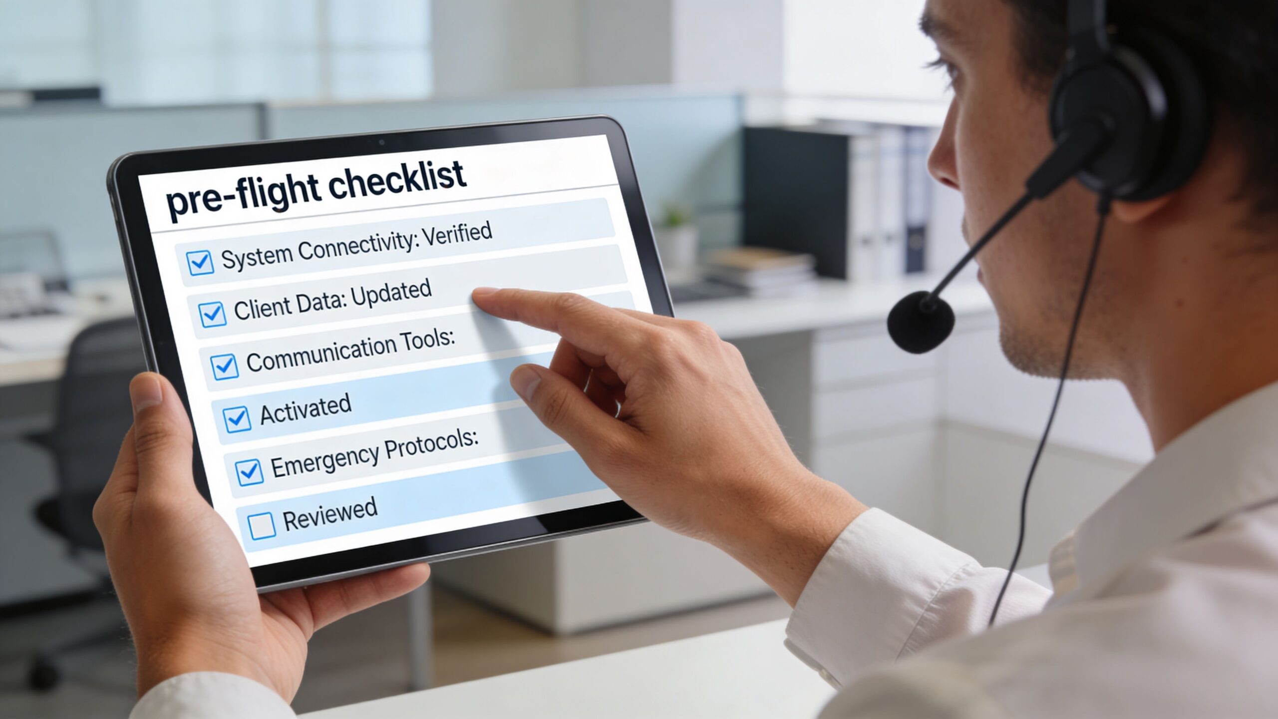 A professional customer service agent using a tablet to review a pre-flight digital checklist in an office.