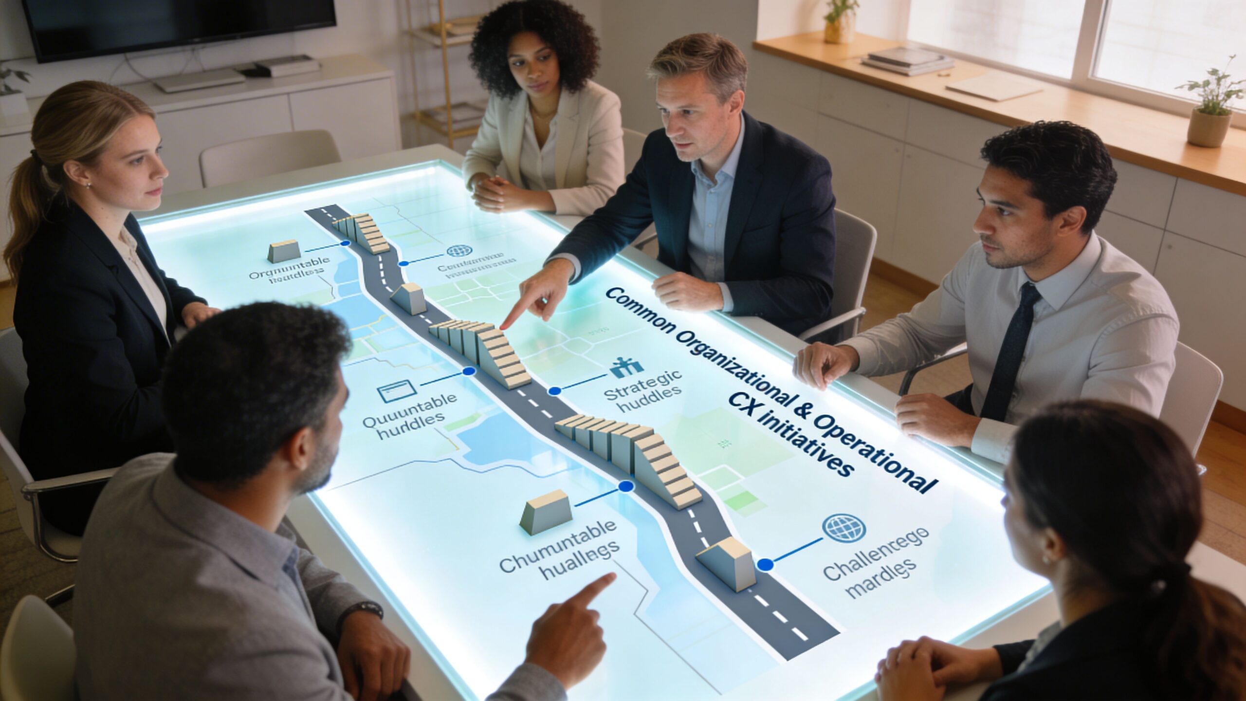 A professional team sitting around a digital table reviewing organizational and operational customer experience initiatives.