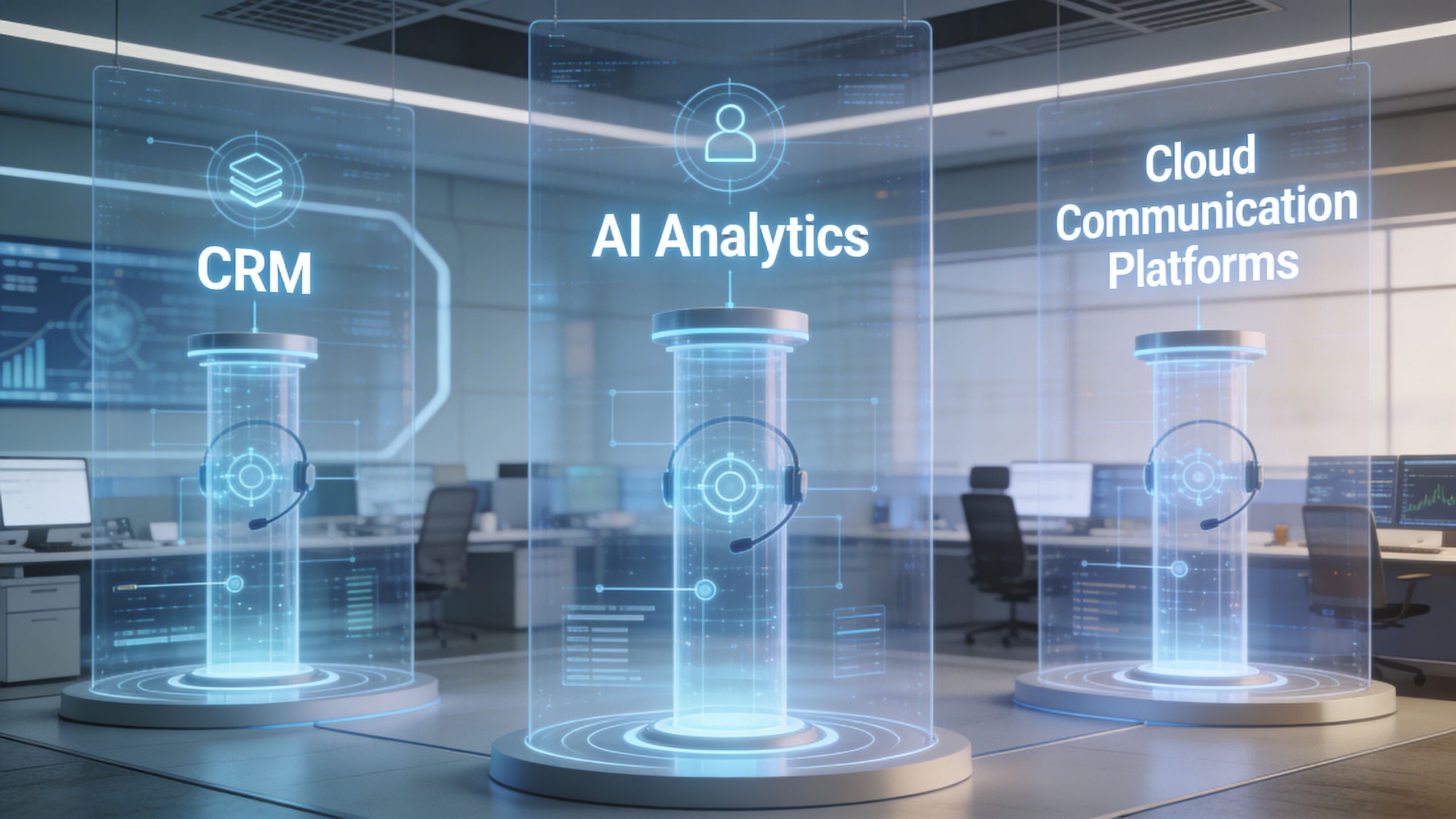 A futuristic digital workspace displaying holographic icons for CRM, AI Analytics, and Cloud Communication Platforms.