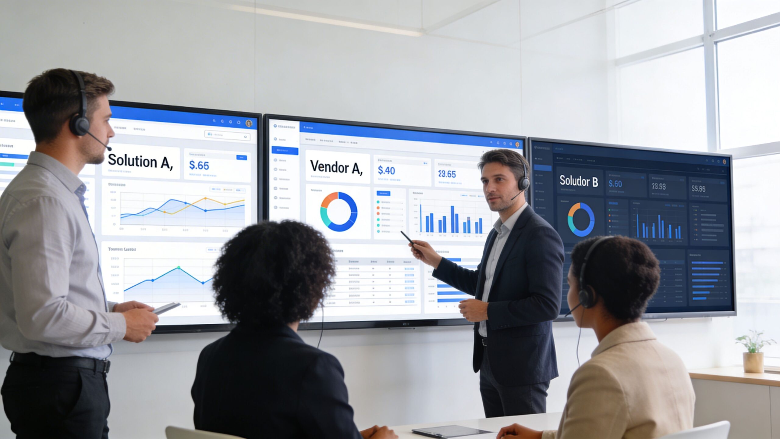 A professional team in a modern office collaborating on customer experience strategies using large digital data dashboards.