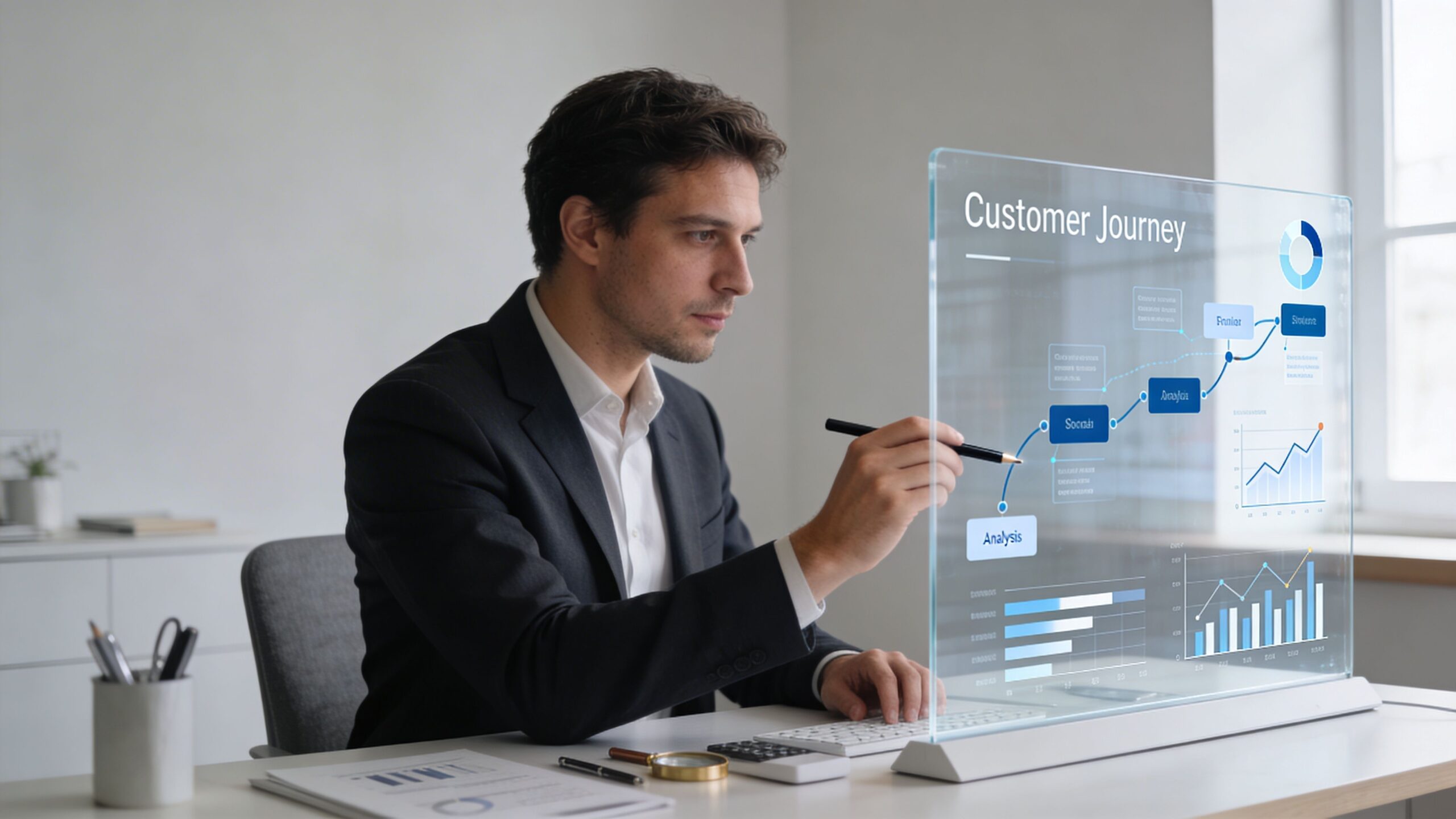 A professional man in a suit interacting with a futuristic transparent digital display showing customer journey analytics.