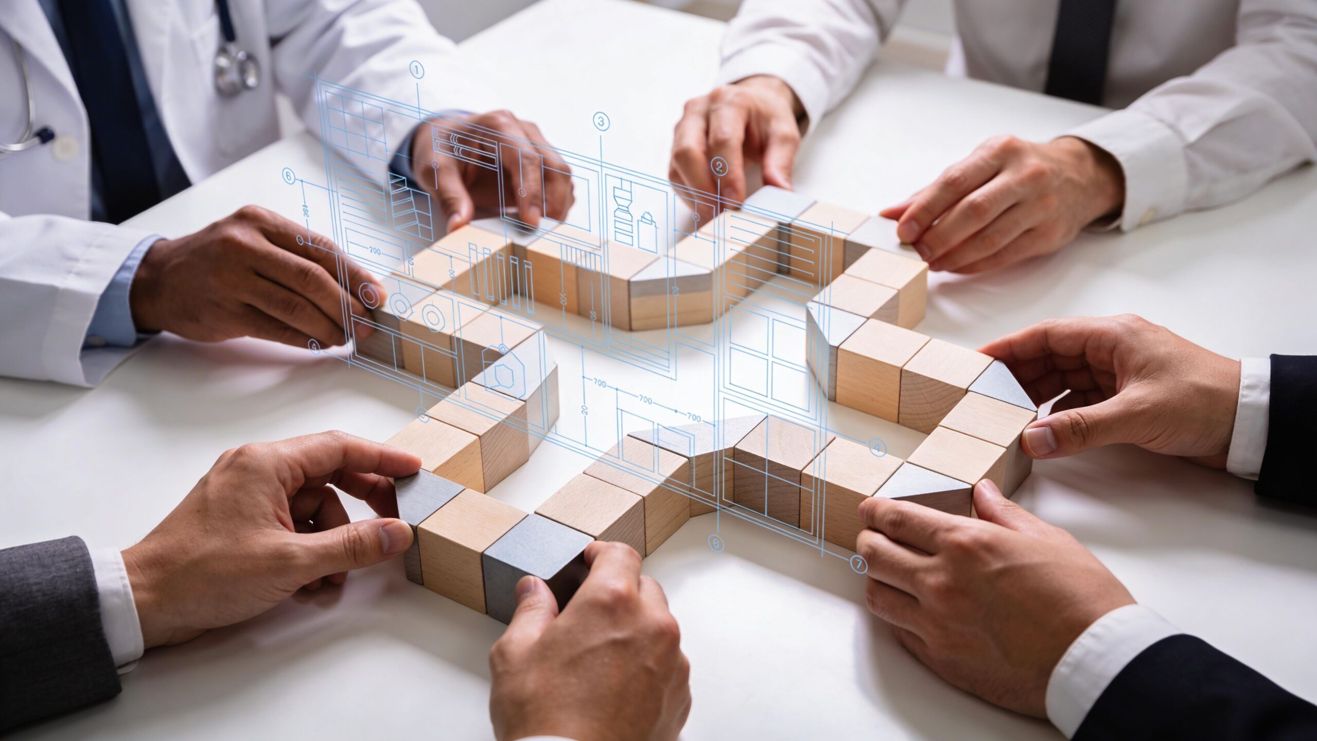 A diverse team of professionals collaboratively assembling wooden blocks forming a geometric shape with digital architectural diagrams overlay.