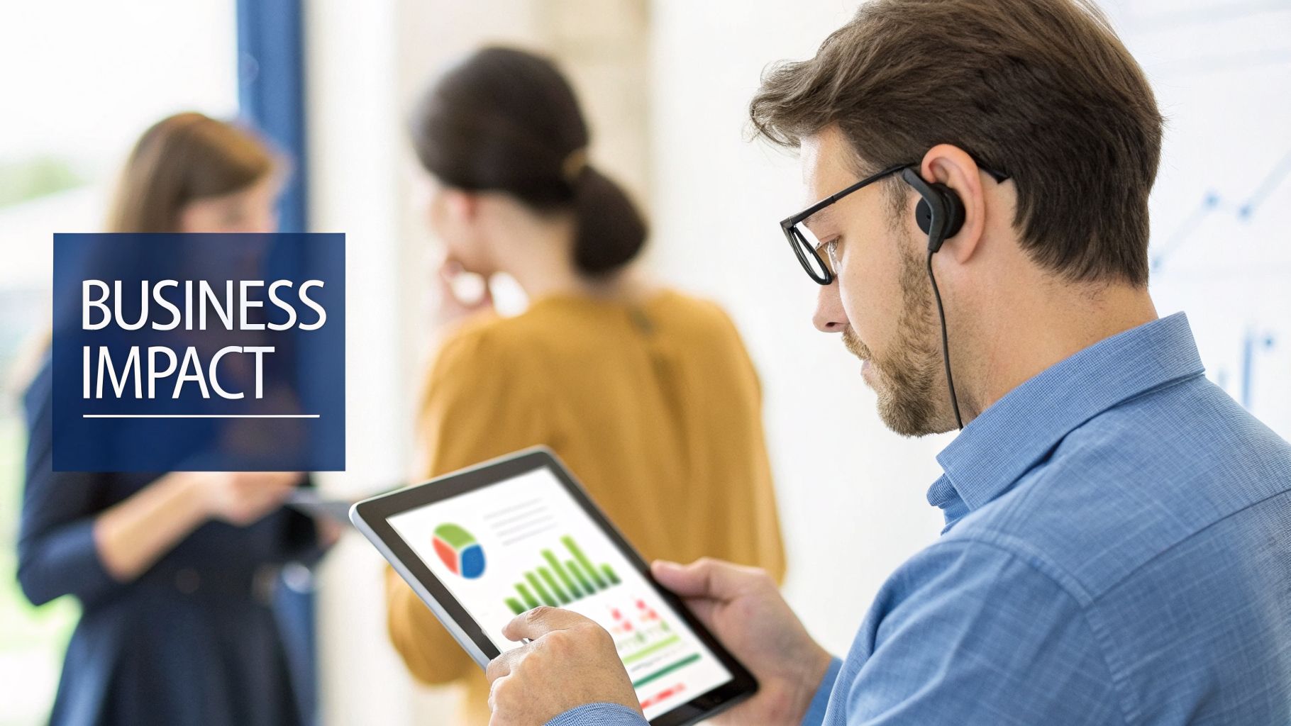A man in glasses and an earbud uses a tablet showing business graphs, with colleagues in the background.