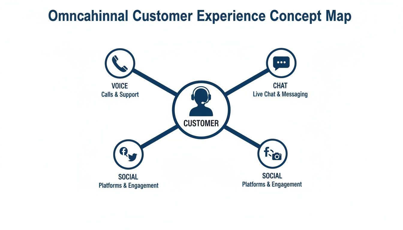 An omnichannel customer experience concept map showing customer interaction across voice, chat, and social media platforms.