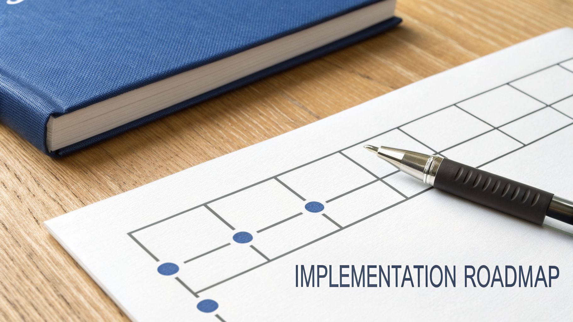 Close-up of an implementation roadmap on paper with a pen and a blue notebook on a wooden desk.
