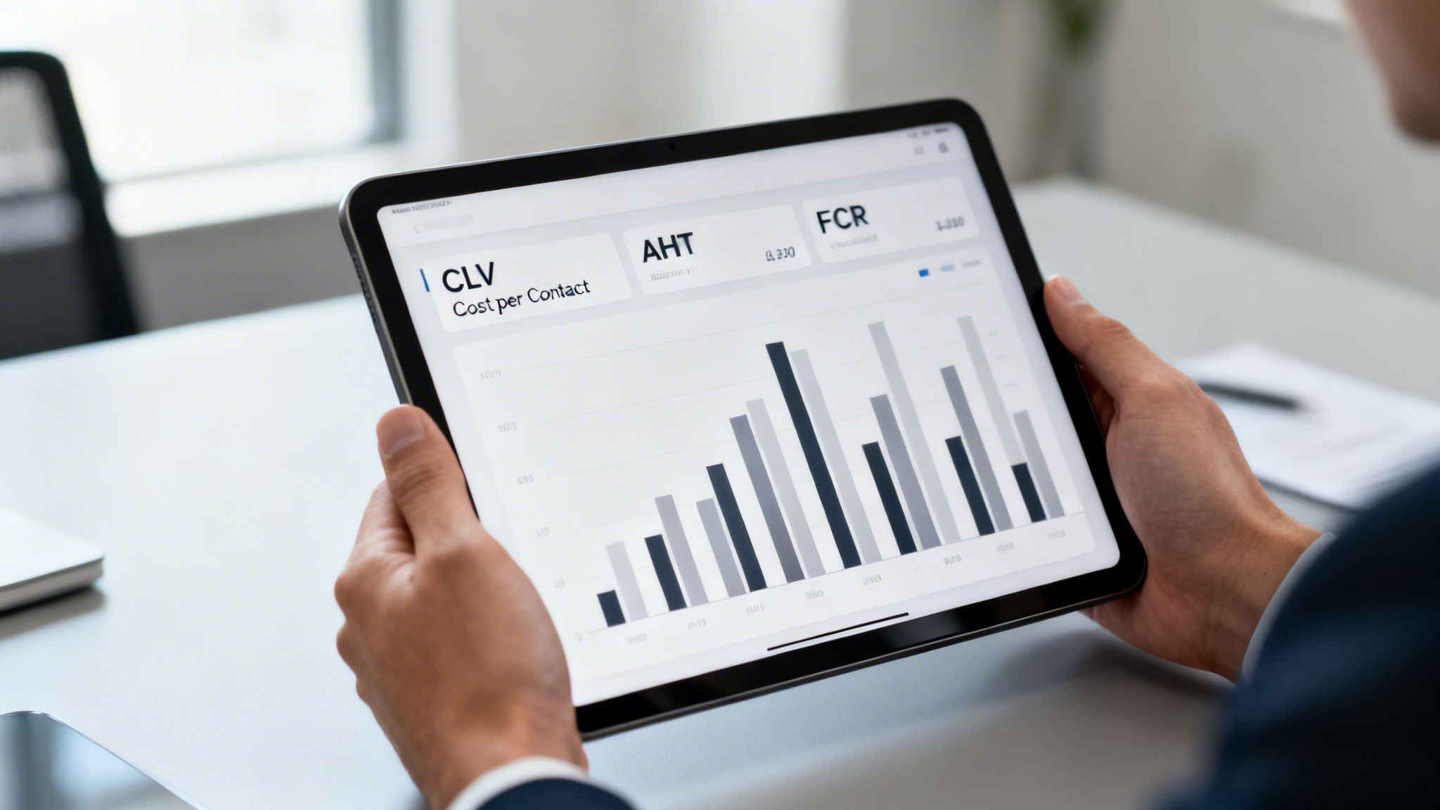 Man reviews digital dashboard on tablet, analyzing business performance metrics.