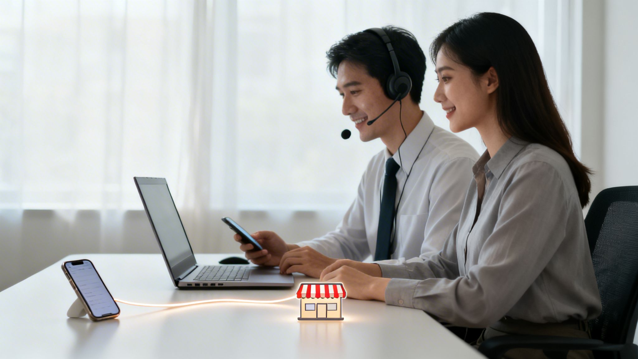 Two smiling professionals in headsets collaborate on laptops and phones, symbolizing online business support.