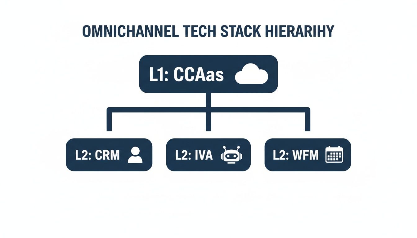 A hierarchical diagram illustrating an omnichannel tech stack with CCaaS, CRM, IVA, and WFM components.