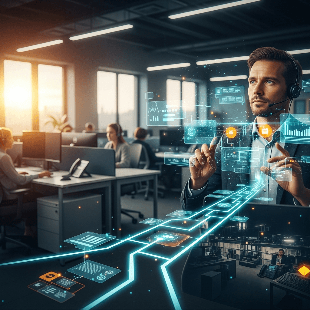 AI customer experience consultant reviewing agent desktop workflows and support metrics in a modern contact center