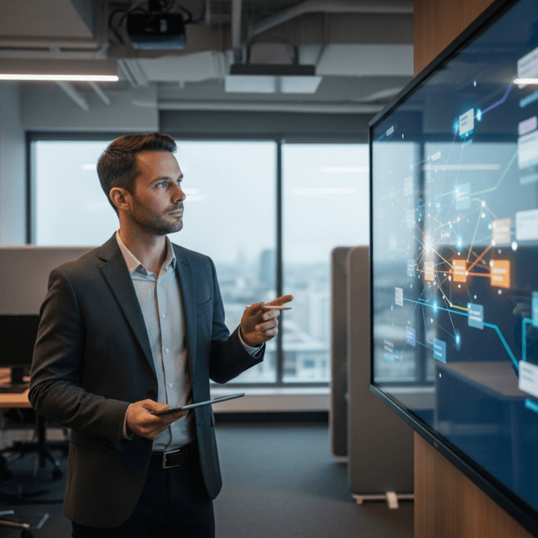 Contact center AI consultant reviews workflow and platform strategy with CX leaders in a modern office