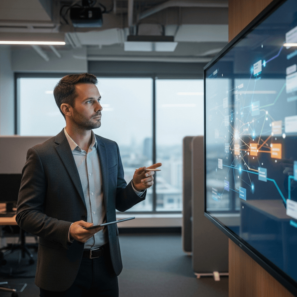 Contact center AI consultant reviews workflow and platform strategy with CX leaders in a modern office
