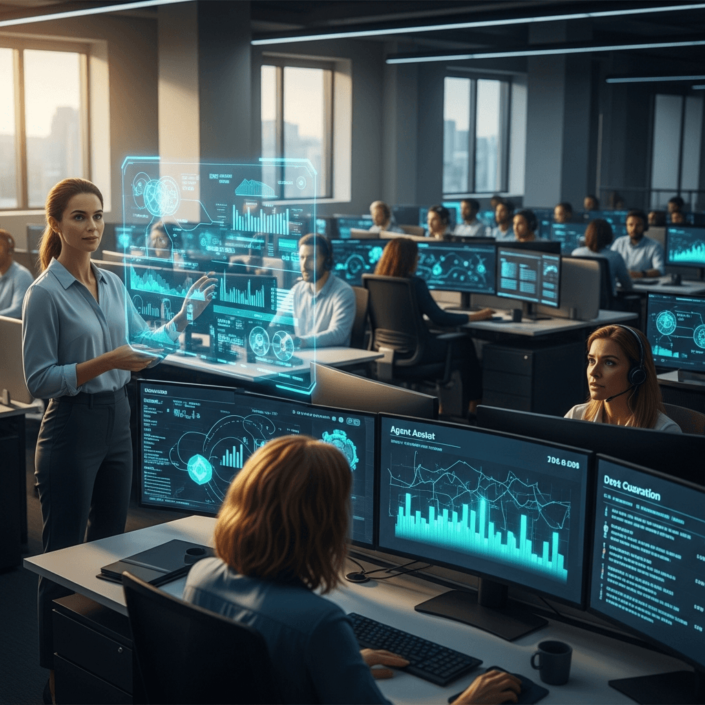 AI CX consultant reviews agent assist dashboard with customer service metrics, showing AHT, QA, and live guidance trends