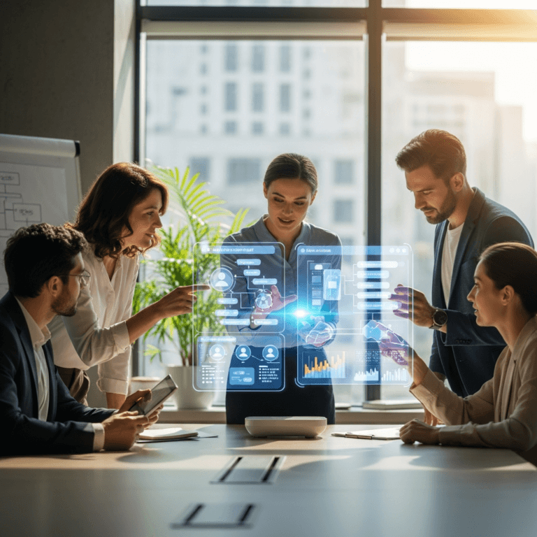 Conversational AI consultant reviewing chatbot analytics dashboard with contact center team in a modern office