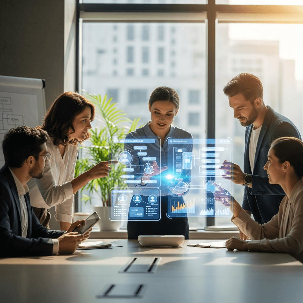 Conversational AI consultant reviewing chatbot analytics dashboard with contact center team in a modern office