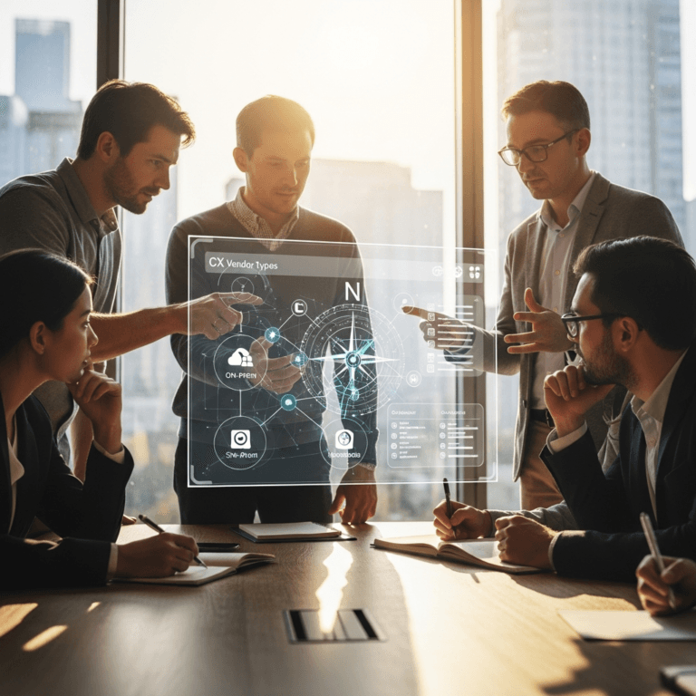 Team reviews scorecard and workflow map during CX vendor selection for AI, compliance, and rollout risk
