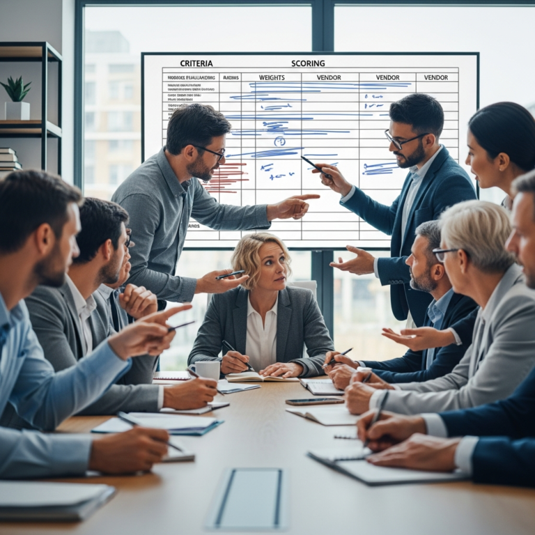 Vendor evaluation rubric matrix on screen with weighted criteria for scoring contact center software vendors
