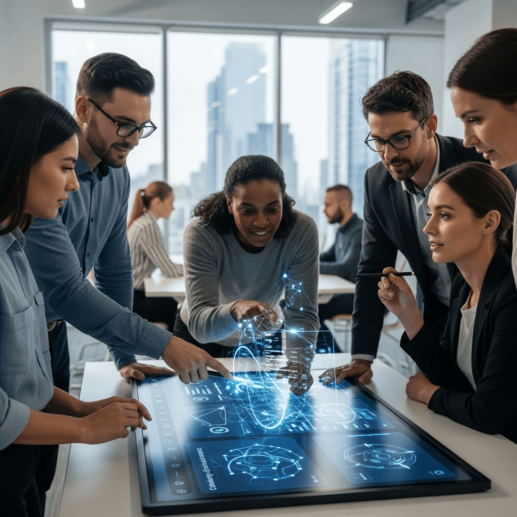 Dashboard showing contact center modernization with AI routing, unified channels, analytics, and agent workflow tools