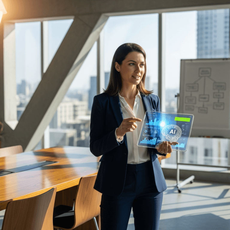 AI readiness consultant reviews workplace AI adoption dashboard with trust, governance, and training metrics for CX teams