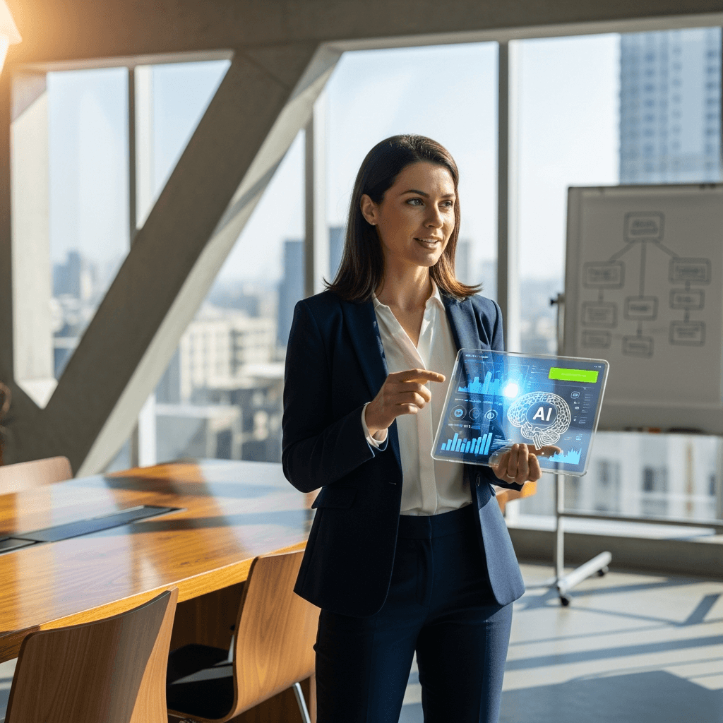 AI readiness consultant reviews workplace AI adoption dashboard with trust, governance, and training metrics for CX teams
