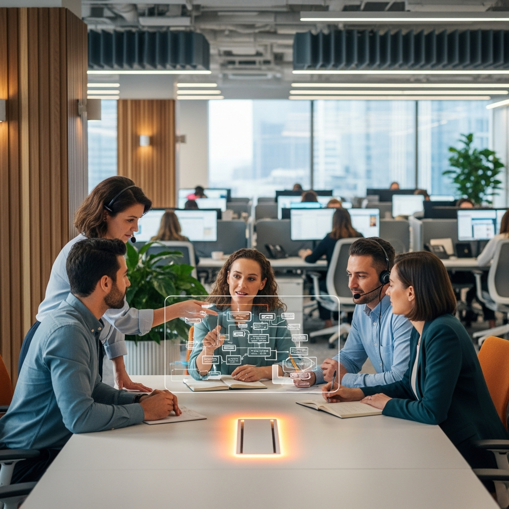 Team reviews contact center dashboard on how to choose an AI CX consultant, prioritizing AI readiness and workflow fit