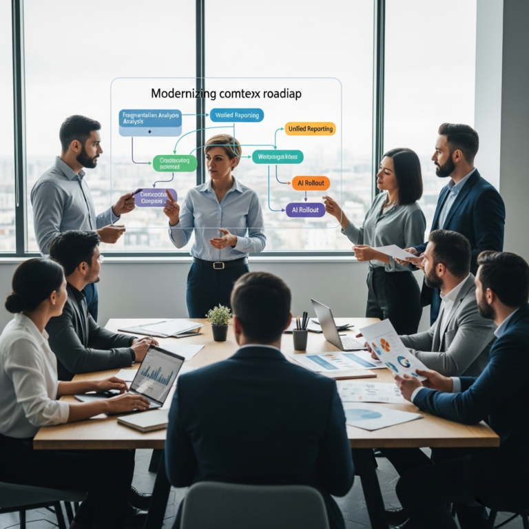 Team reviewing dashboards and system maps during contact center roadmap planning for AI and CCaaS modernization