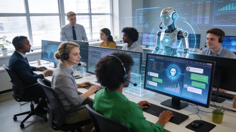 Modern contact center scene illustrating AI technology integration with diverse employees collaborating