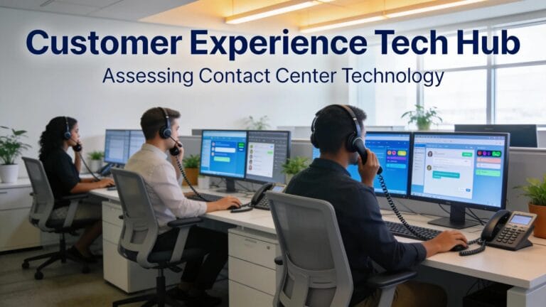Image depicting a modern customer service center with employees engaged in technology-focused operations