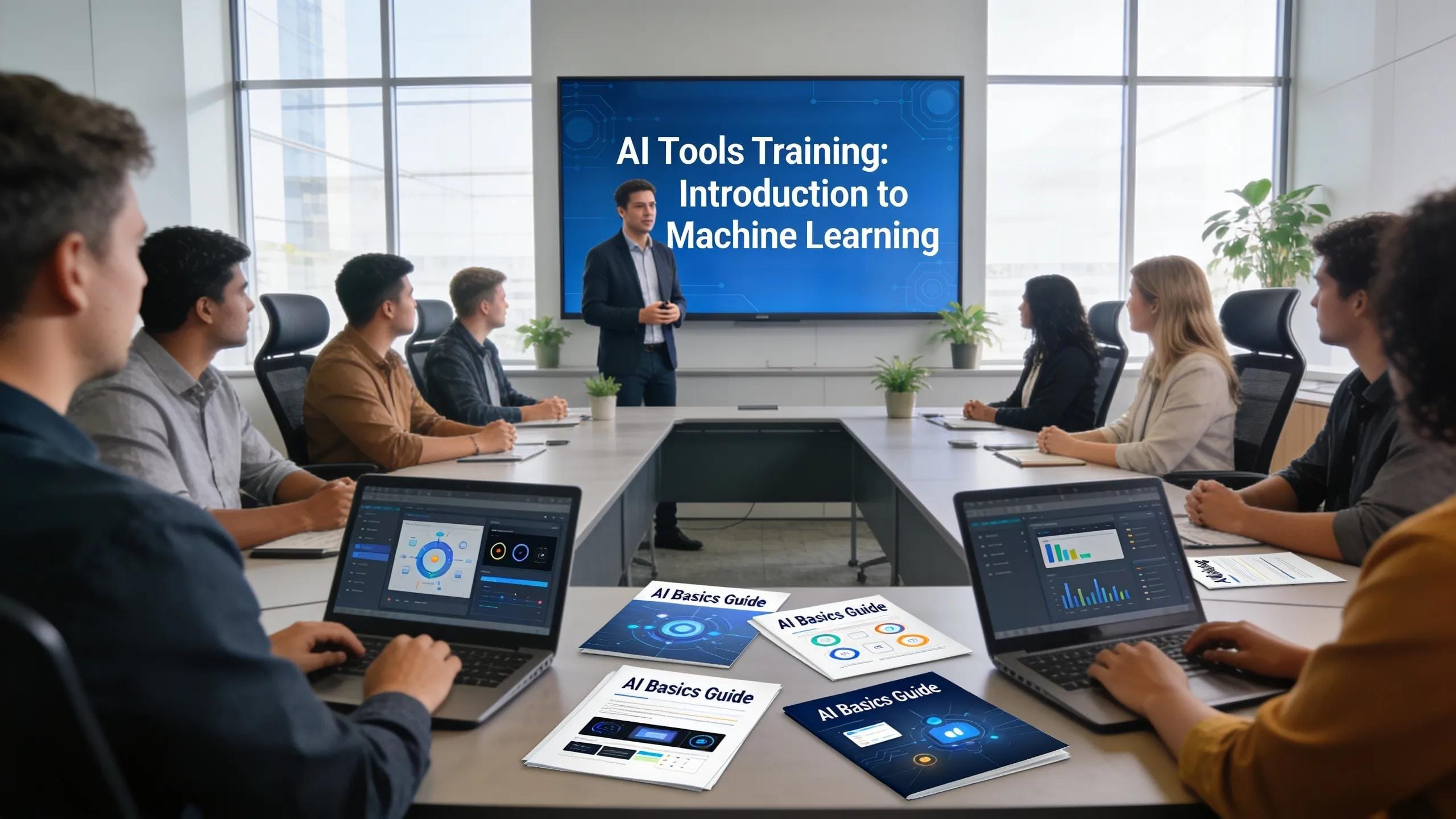 Employees participating in a training session focused on AI tools, showcasing collaboration and learning