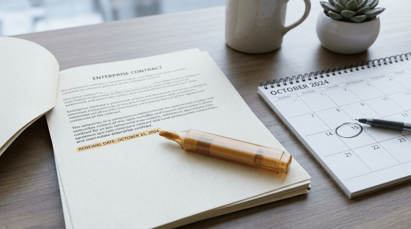 Close-up of an enterprise contract document with the renewal date highlighted in amber