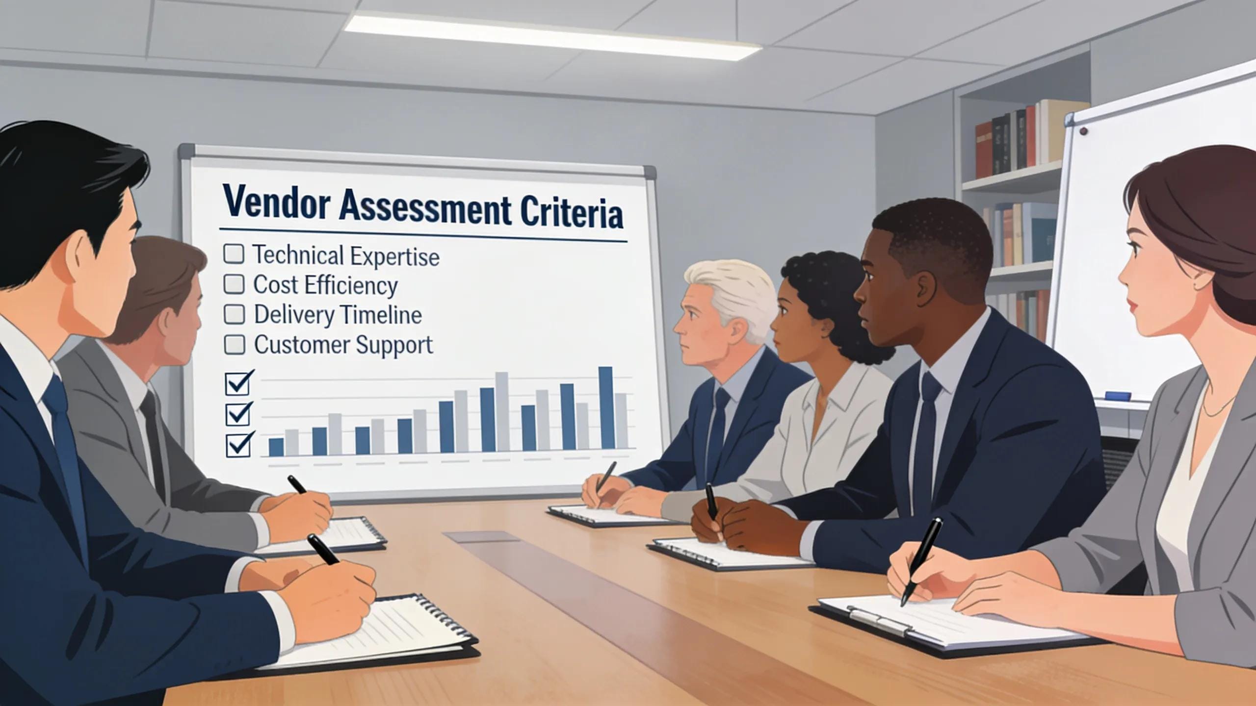 Executives evaluating vendor options in a meeting with documented criteria in a professional atmosphere