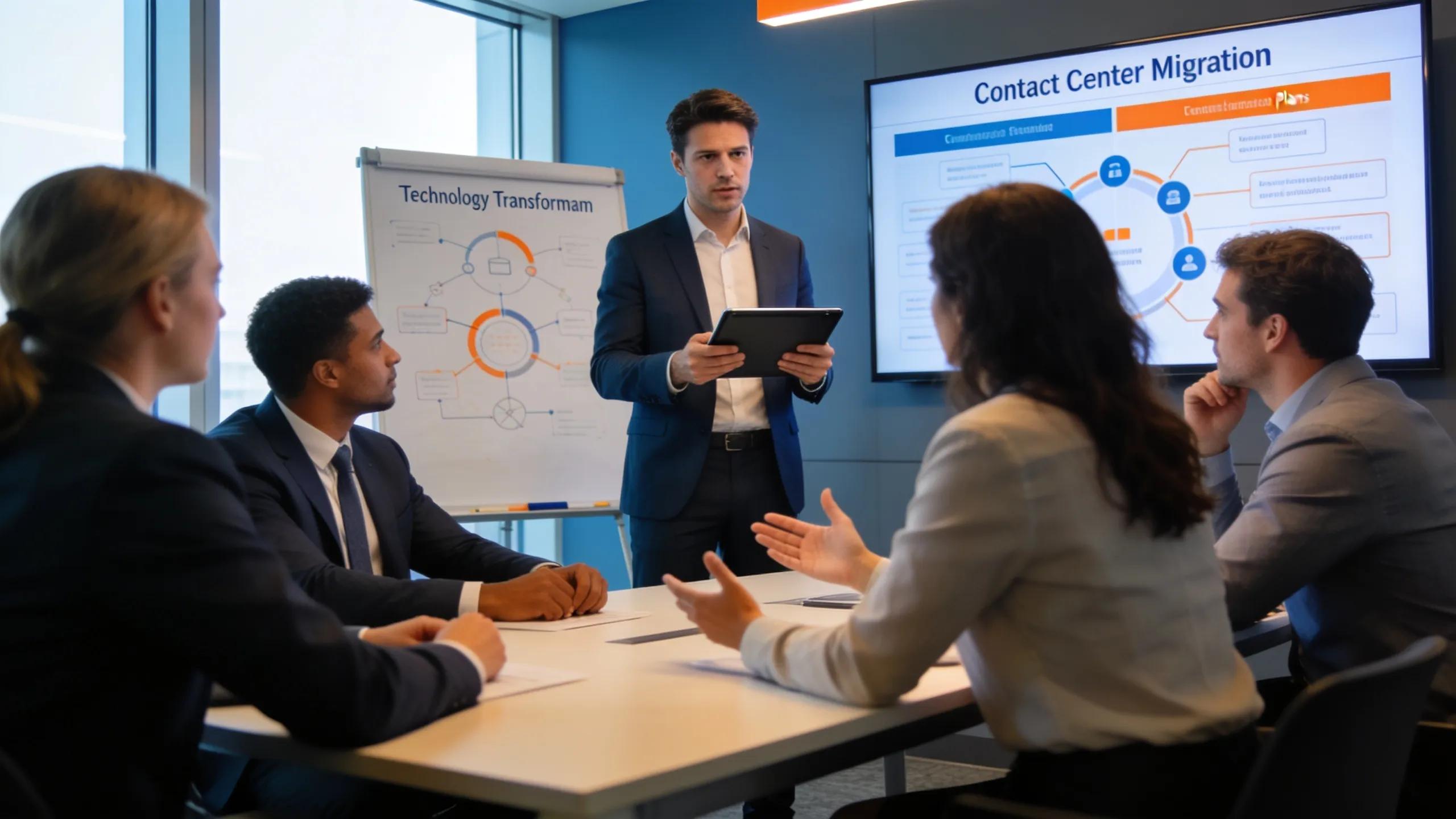 Professional team discussing technology transformation in a modern office setting with digital devices