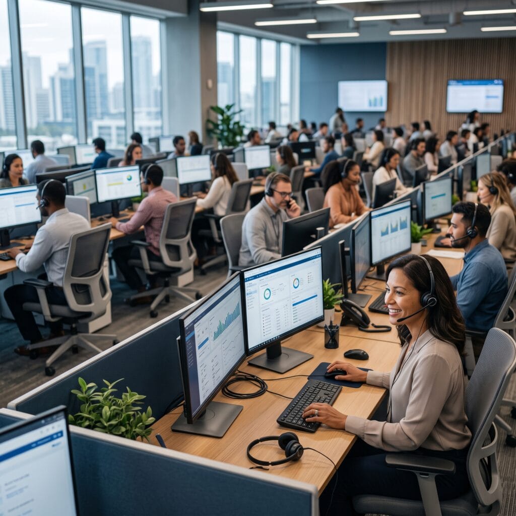Dashboard showing enterprise contact center 1000 seats metrics, AI workflows, and agents managing complex support queues