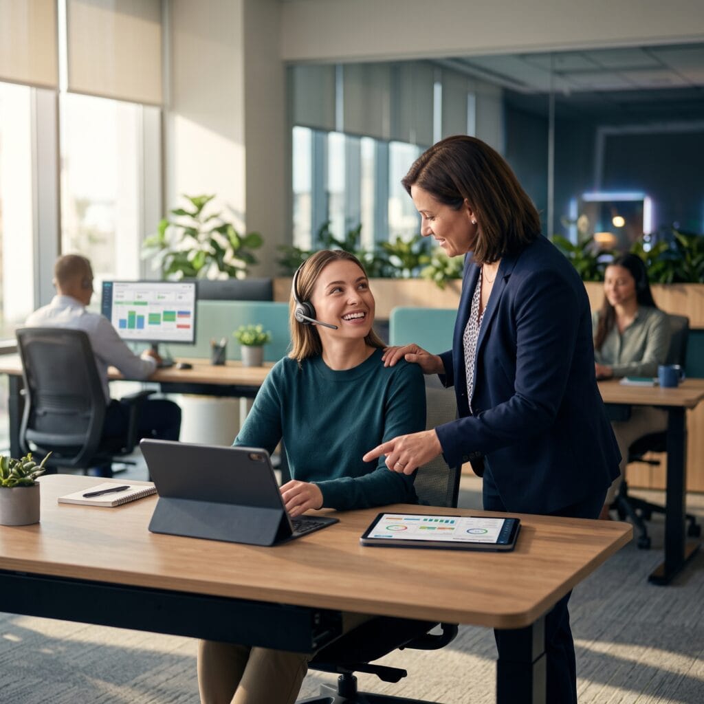 Supervisor reviews workforce engagement management dashboard with agent schedules, coaching metrics, and AI insights