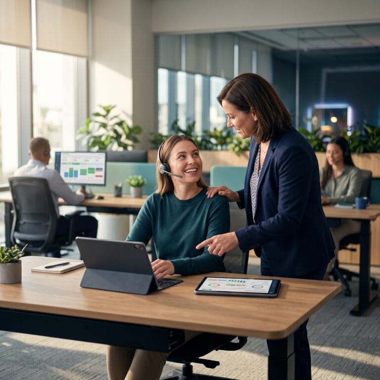 Supervisor reviews workforce engagement management dashboard with agent schedules, coaching metrics, and AI insights