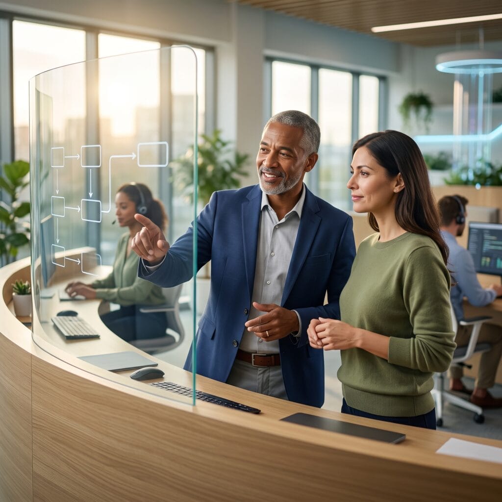 Vendor-neutral AI CX consultant reviewing chatbot workflow, risk controls, and customer service handoff strategy