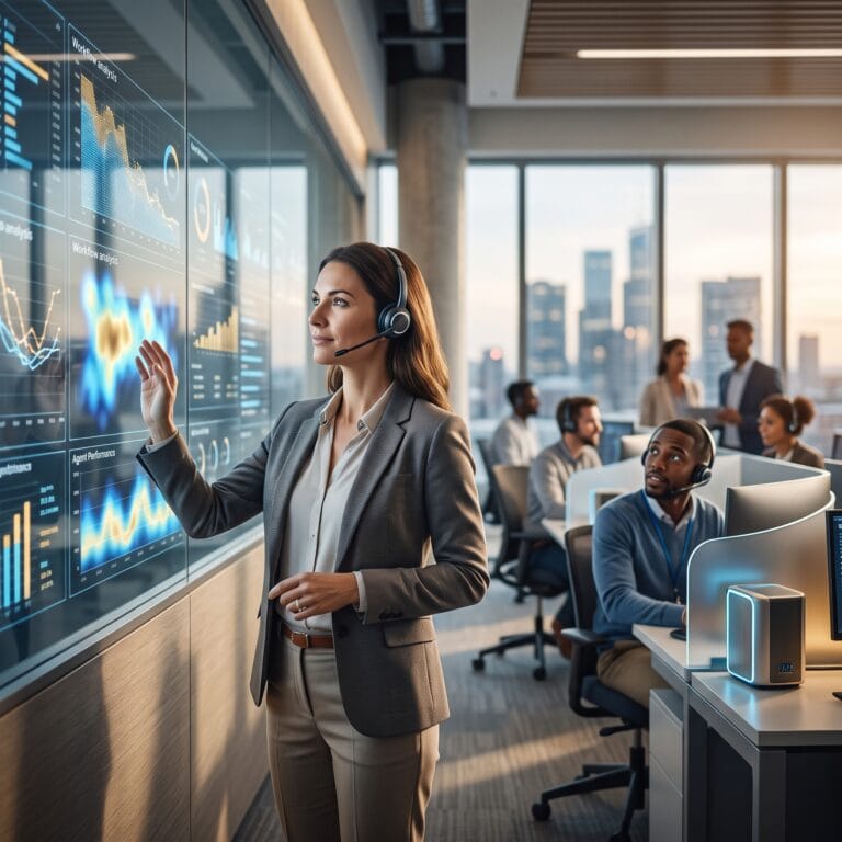 Contact center as a service dashboard guiding agents across voice, chat, and AI workflows in a busy support center