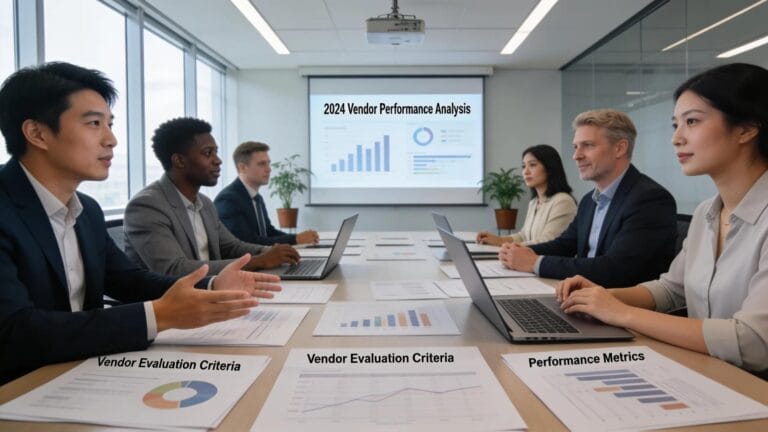 Team collaborating on contact center vendor evaluation strategies in a meeting room