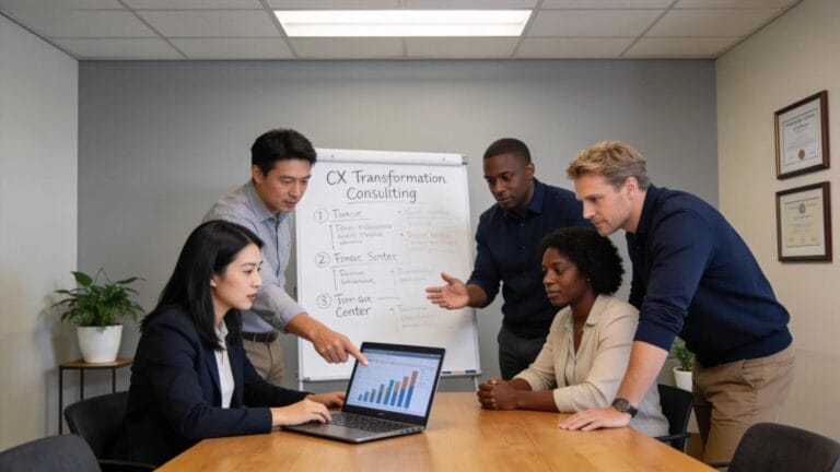 Contact center leaders collaborating on CX transformation consulting strategies