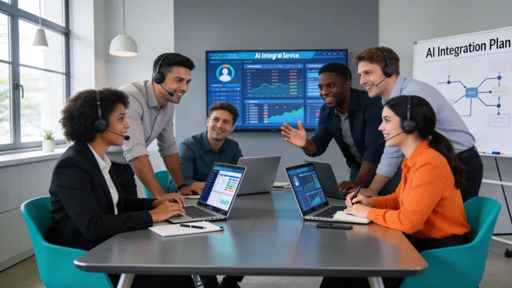 Team of contact center professionals collaborating on AI implementation strategies in a modern office