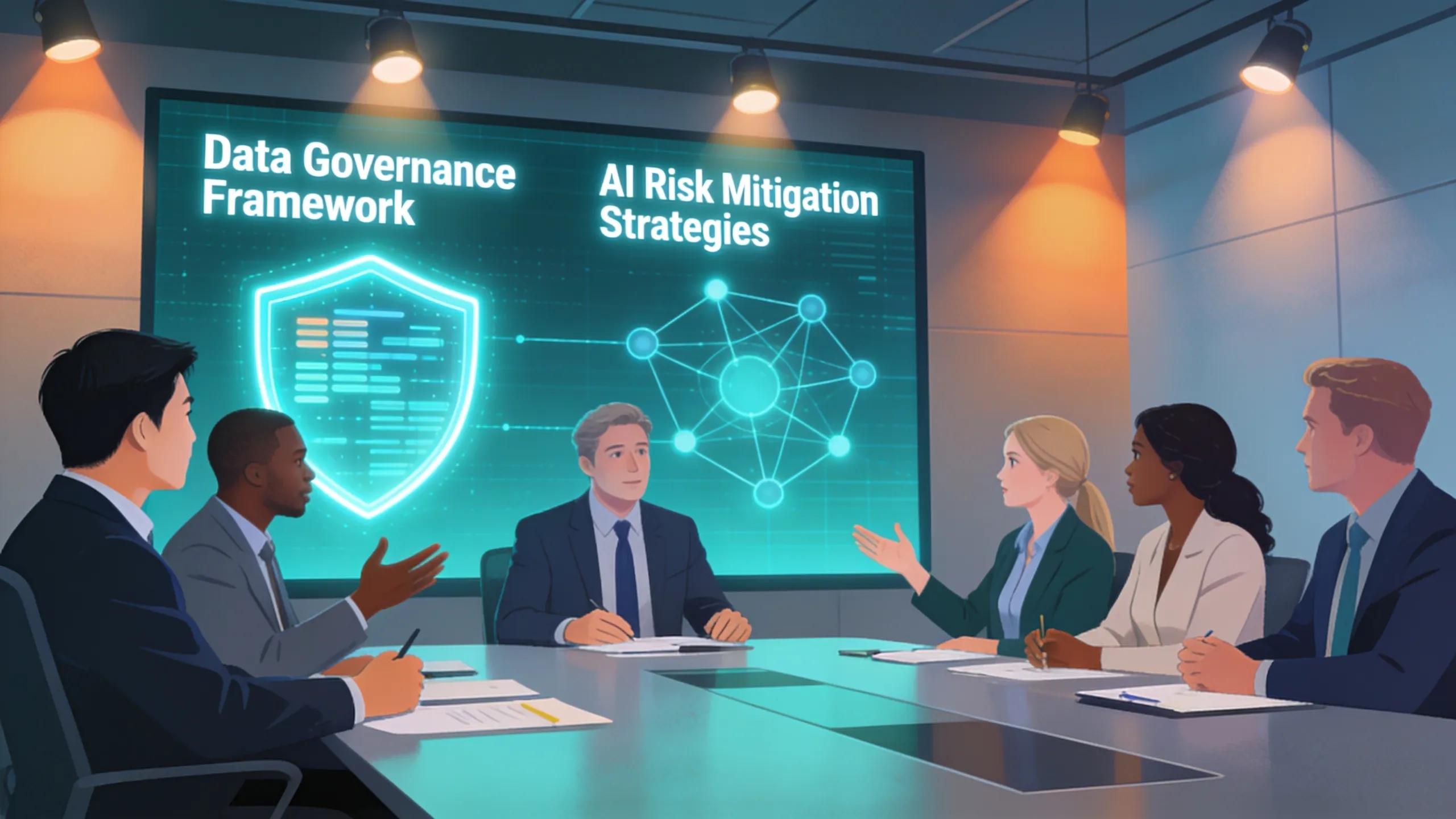 Executives discussing risk mitigation strategies for AI adoption focusing on data governance in a business meeting